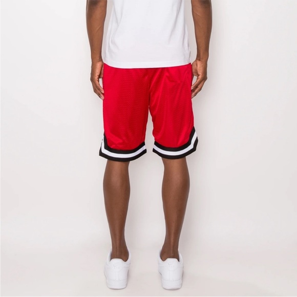MENS RED STRIPE MESH BASKETBALL SHORTS - Picture 2 of 6